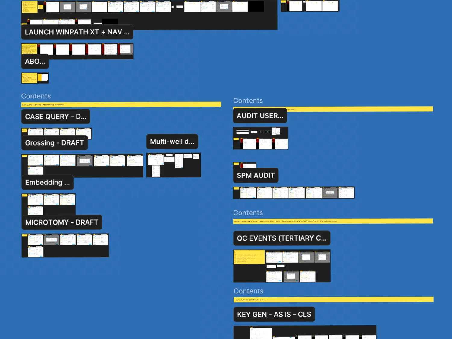 Working design board mapping flows for case query, grossing, embedding, microtomy, audit, QC events and key generation.