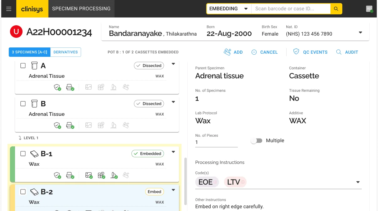 Specimen processing at the grossing stage with specimen cards, status chips, and a detail panel for parent specimen, container and processing instructions.