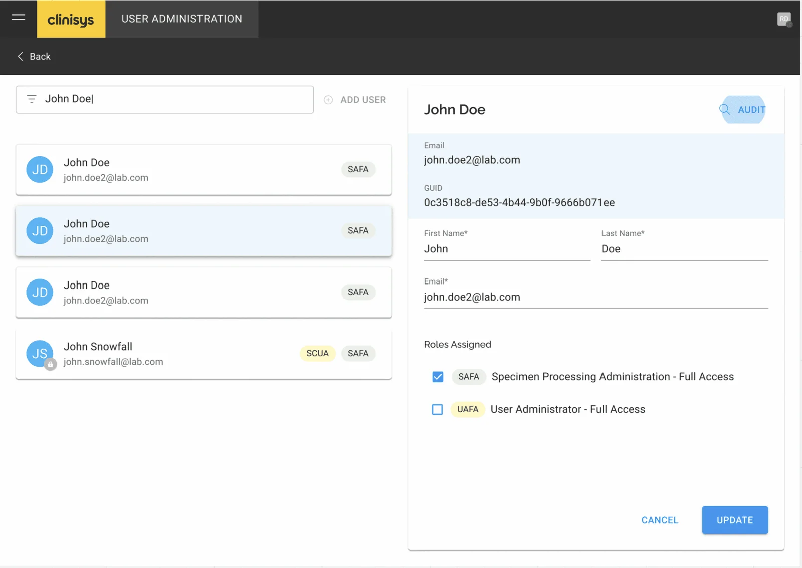 User administration screen listing users with role chips and a detail panel for assigning roles, with an audit action.