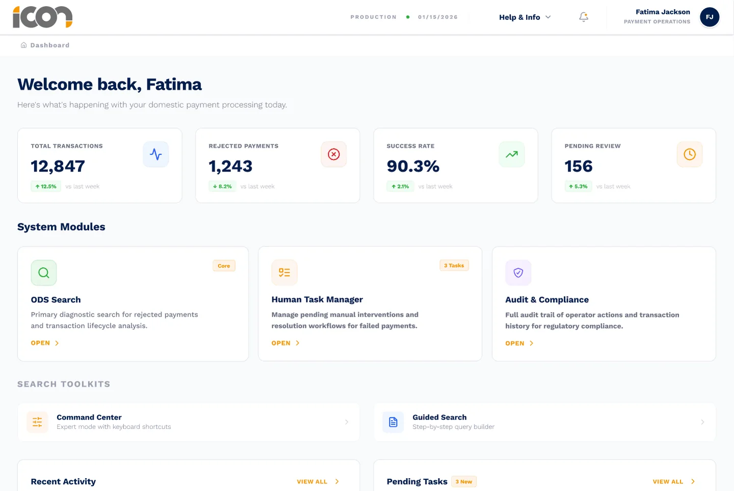 IPF Dashboard concept: a welcome view for a payments operator with transaction totals, rejected payments, success rate, pending review and module shortcuts.