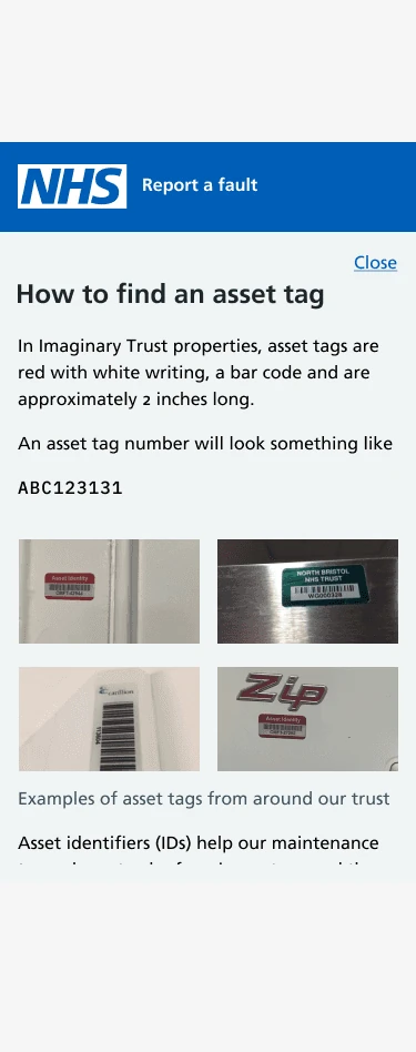 Guidance on how to find an asset tag with example photos